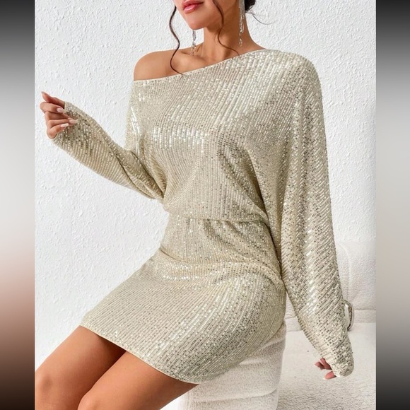 Cream sequins long sleeve mini dress holiday party - Picture 5 of 6